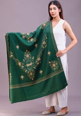 Green Floral Woolen Shawls