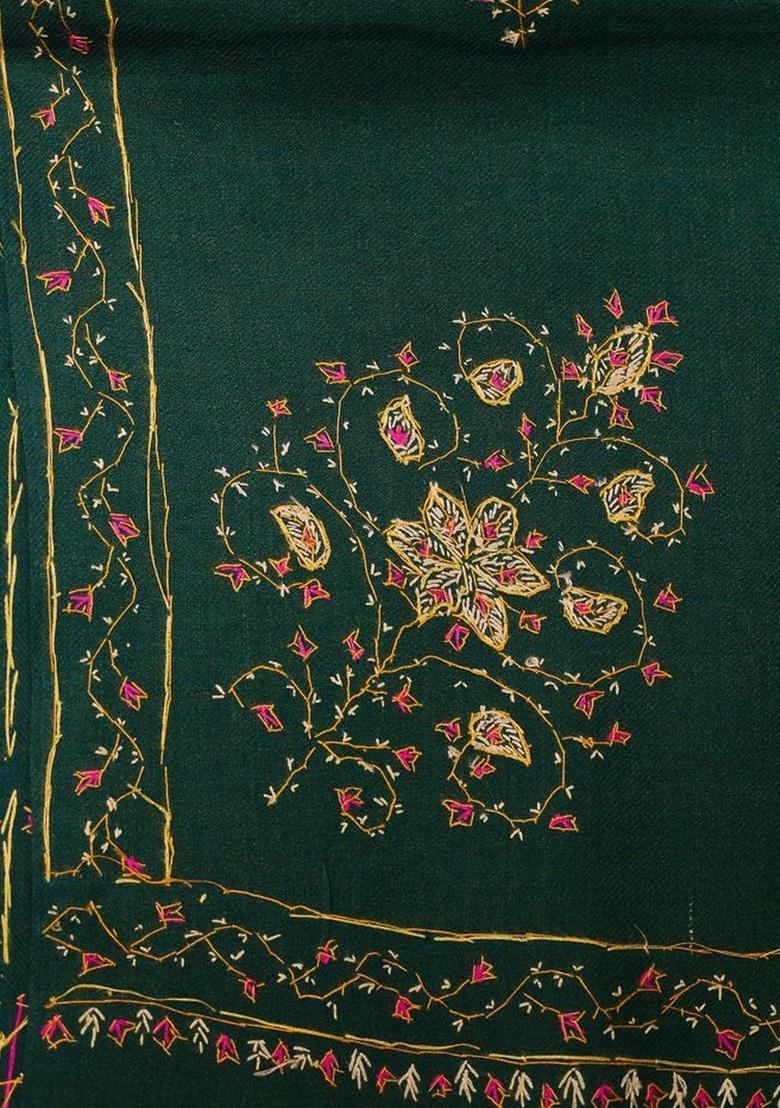 Green Floral Woolen Shawls - Indya