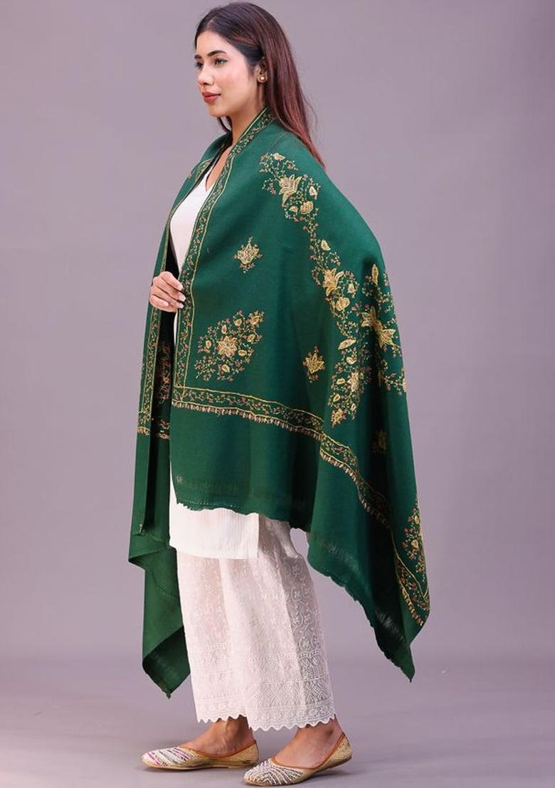 Green Floral Woolen Shawls - Indya