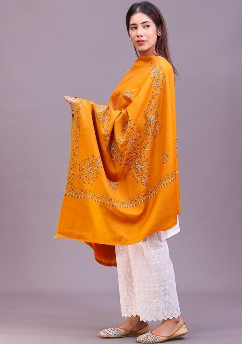 Mustard Floral Woolen Shawls - Indya