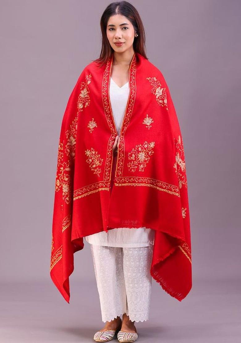 Maroon Floral Woolen Shawls - Indya