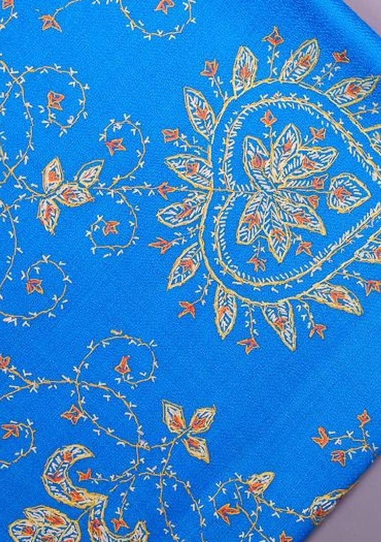 Turquoise Blue Floral Woolen Shawls - Indya