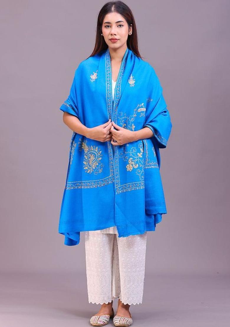 Turquoise Blue Floral Woolen Shawls - Indya