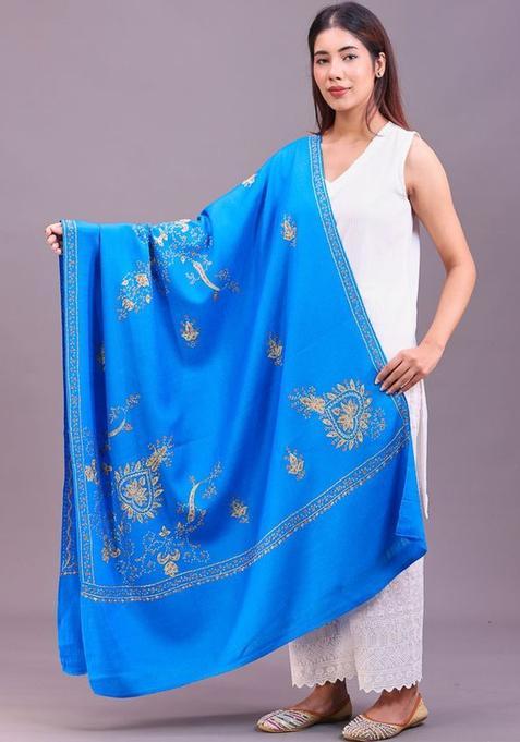 Turquoise Blue Floral Woolen Shawls