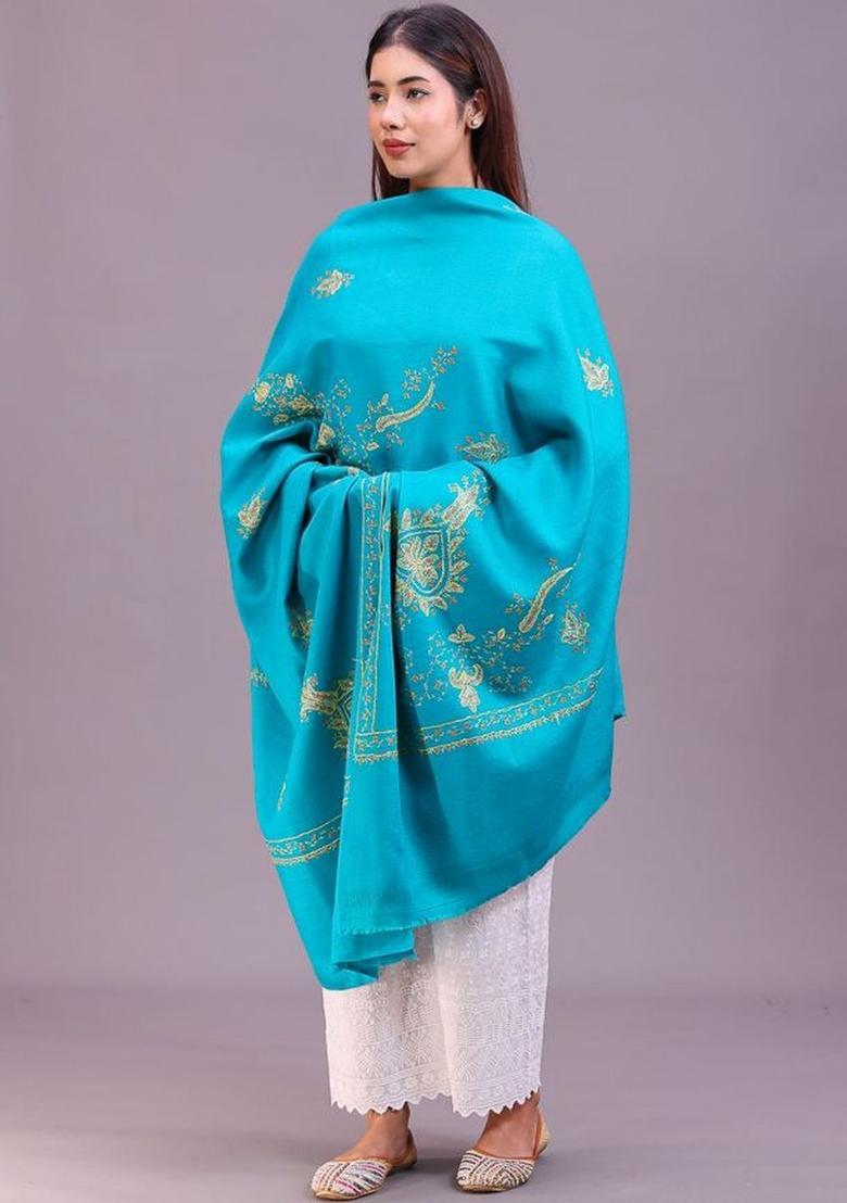 Sea Green Floral Woolen Shawls - Indya