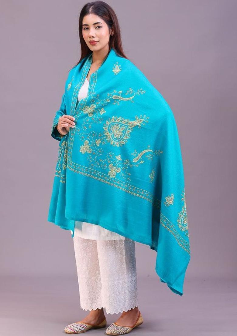 Sea Green Floral Woolen Shawls - Indya