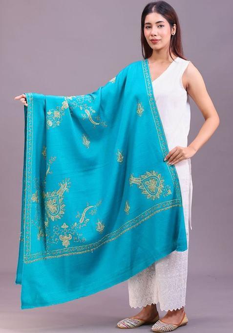 Sea Green Floral Woolen Shawls
