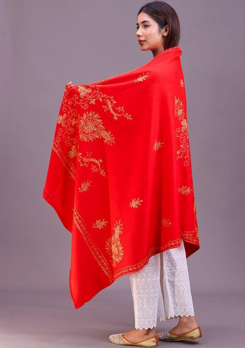 Red Floral Woolen Shawls - Indya