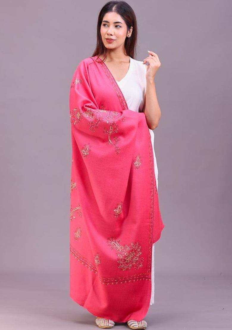 Pink Floral Woolen Shawls - Indya