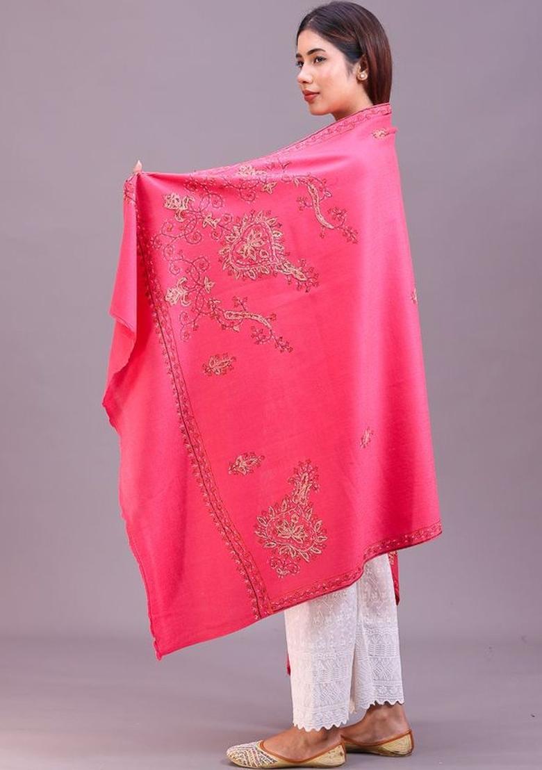 Pink Floral Woolen Shawls - Indya