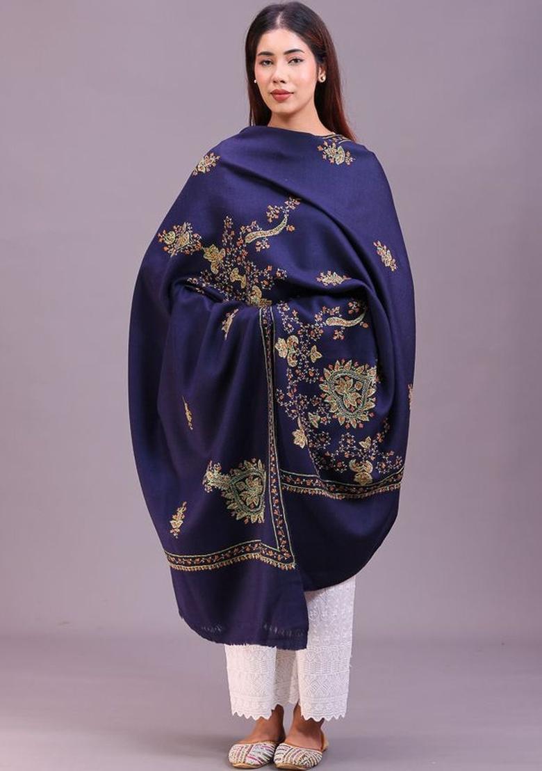 Navy Blue Floral Woolen Shawls - Indya