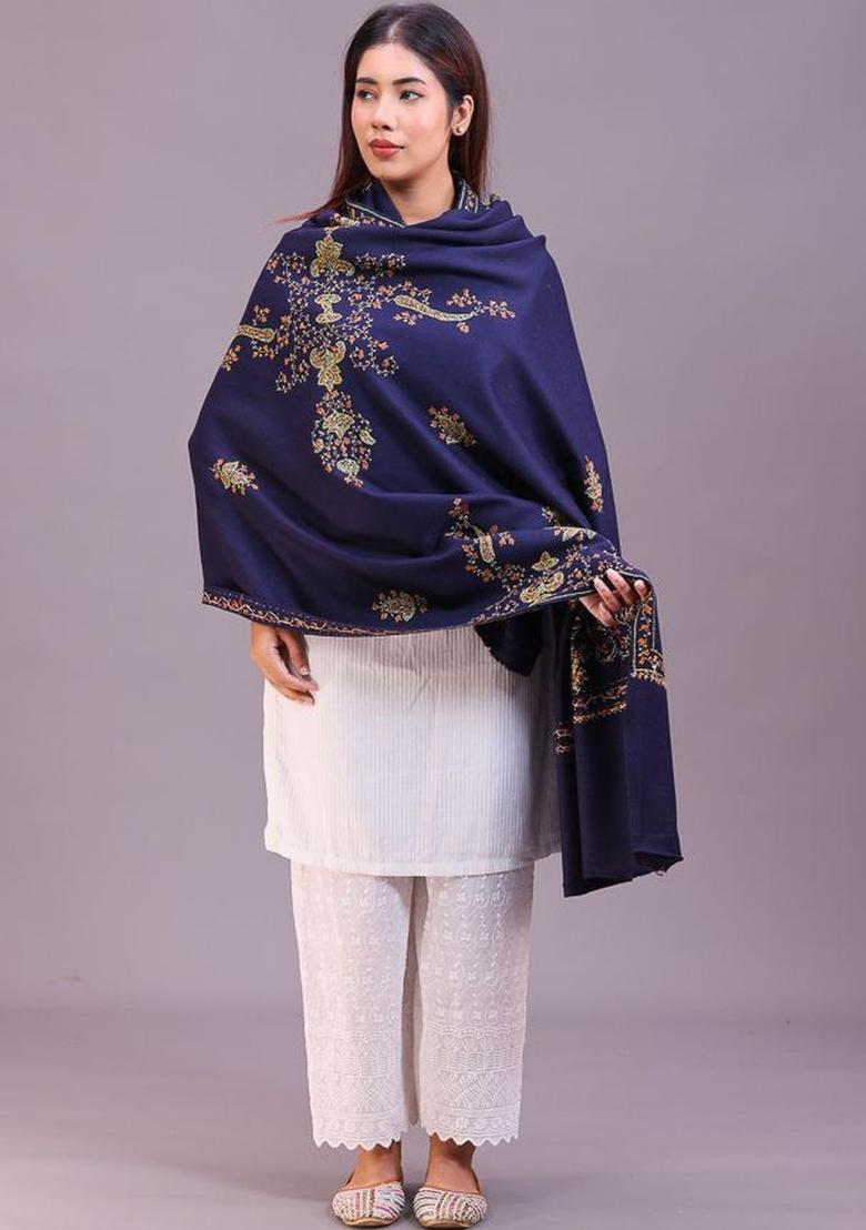 Navy Blue Floral Woolen Shawls - Indya