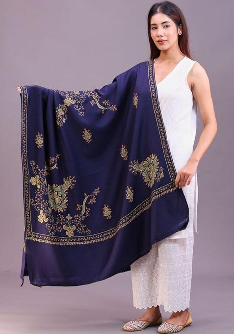 Navy Blue Floral Woolen Shawls