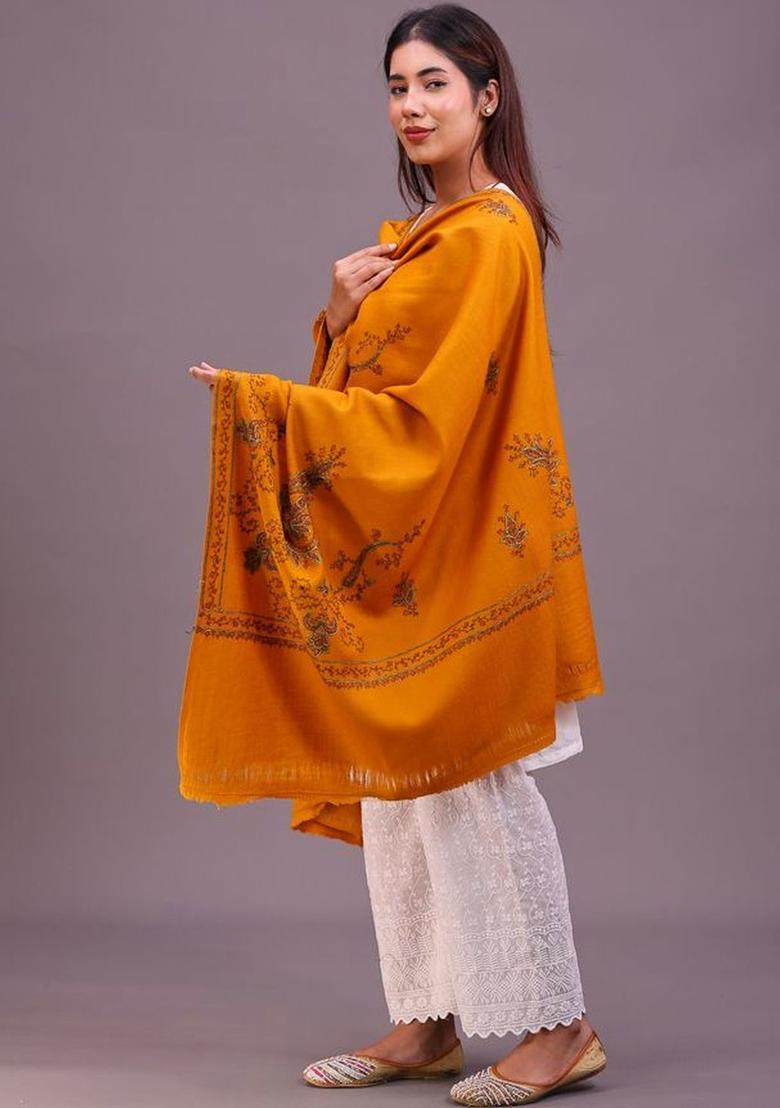 Mustard Floral Woolen Shawls - Indya