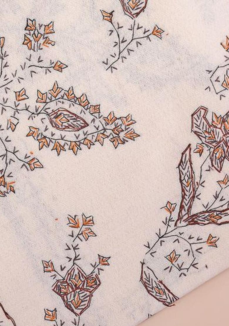 White Floral Woolen Shawls - Indya