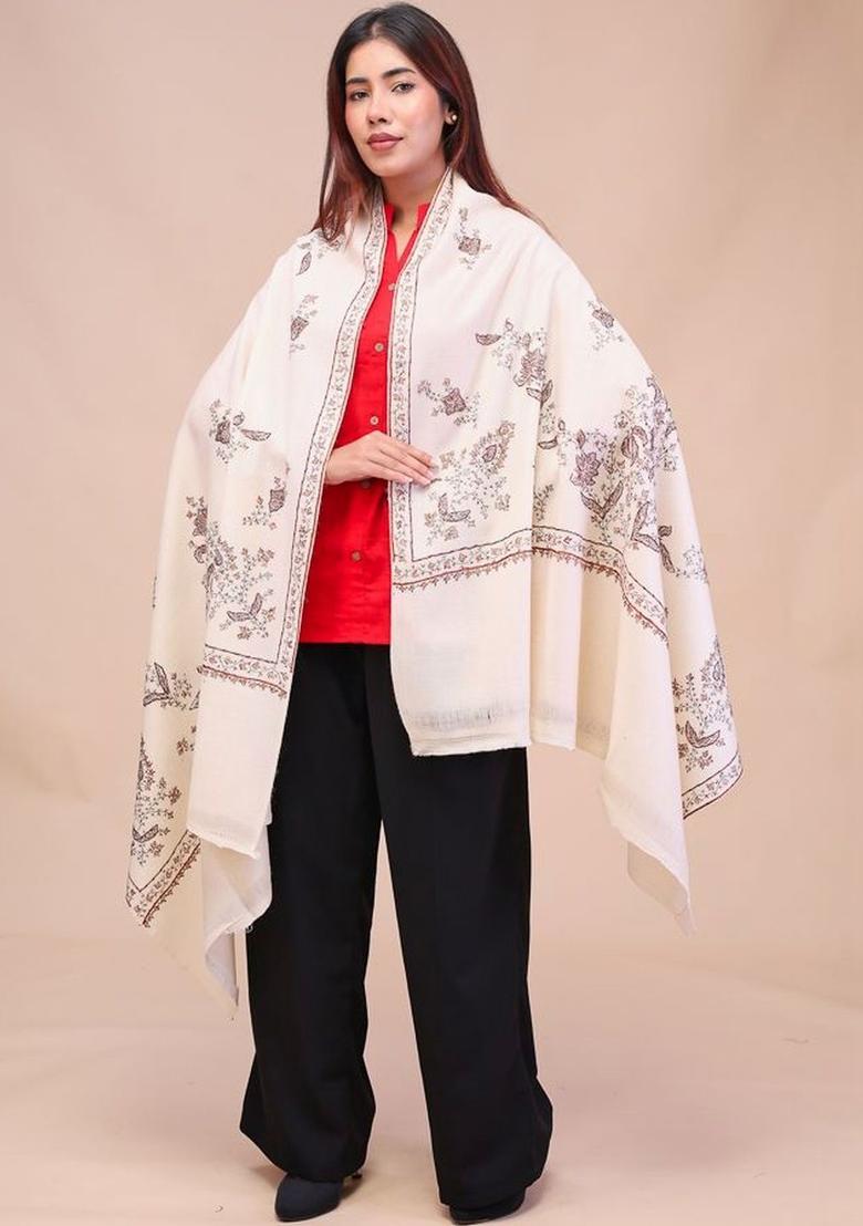 White Floral Woolen Shawls - Indya