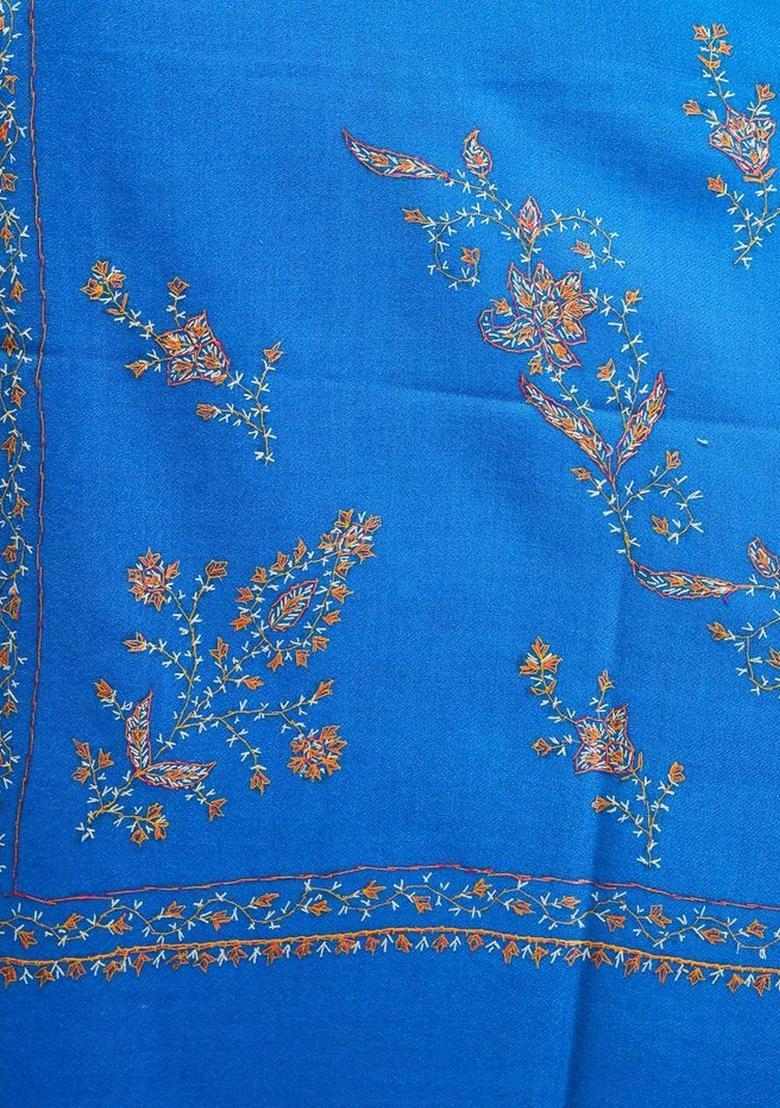 Turquoise Blue Floral Woolen Shawls - Indya