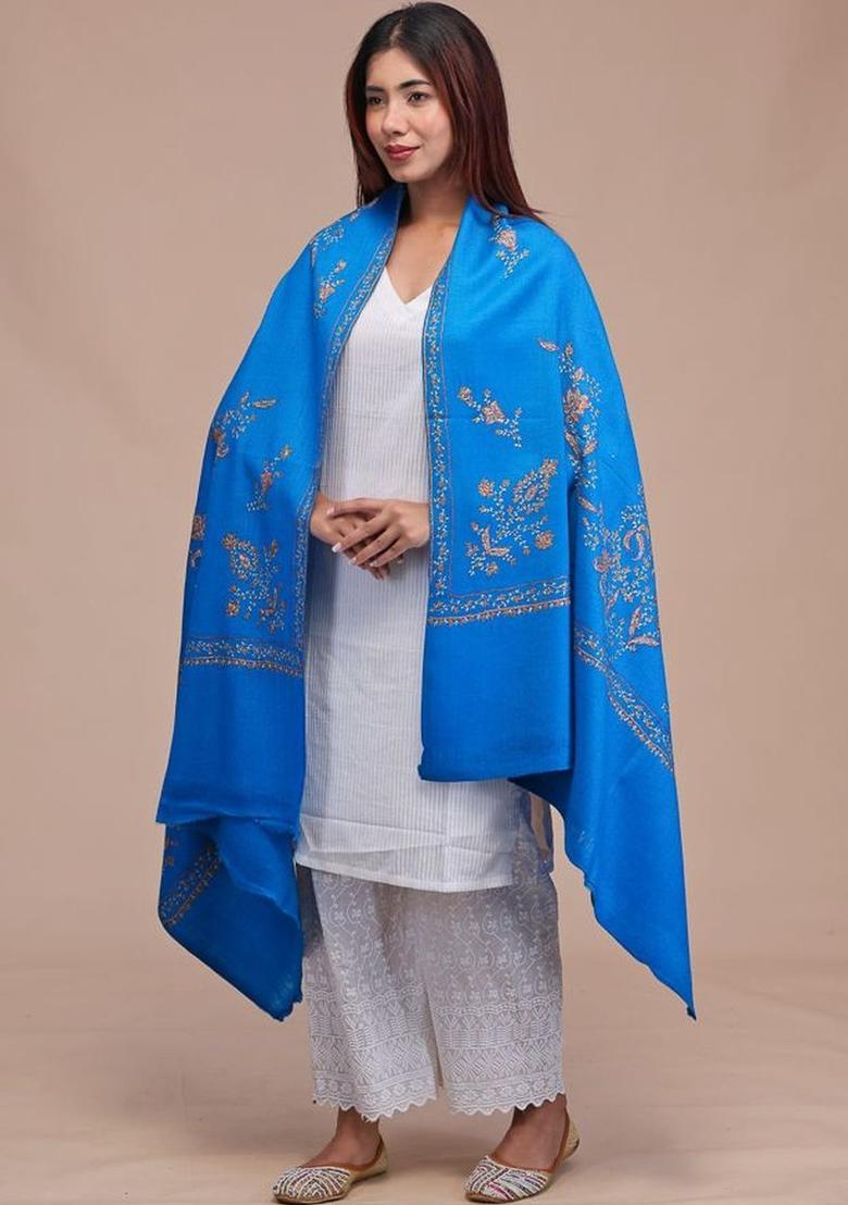 Turquoise Blue Floral Woolen Shawls - Indya