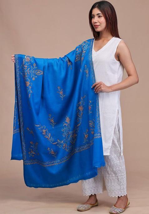 Turquoise Blue Floral Woolen Shawls