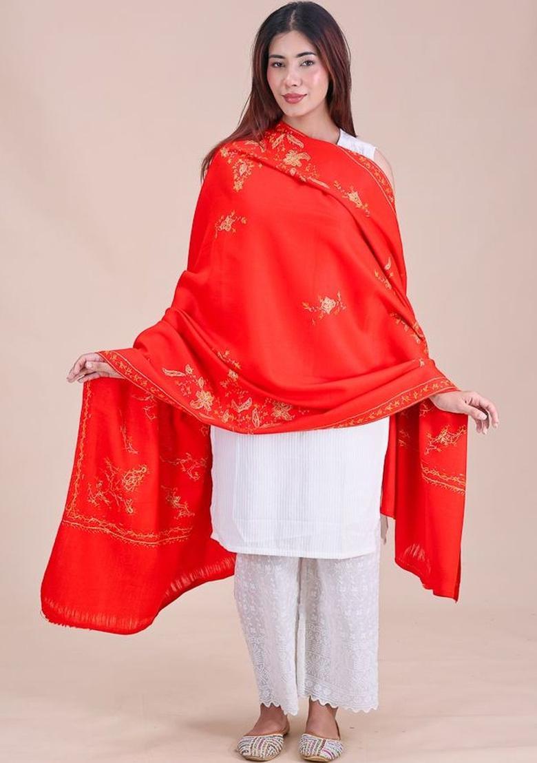 Red Floral Woolen Shawls - Indya