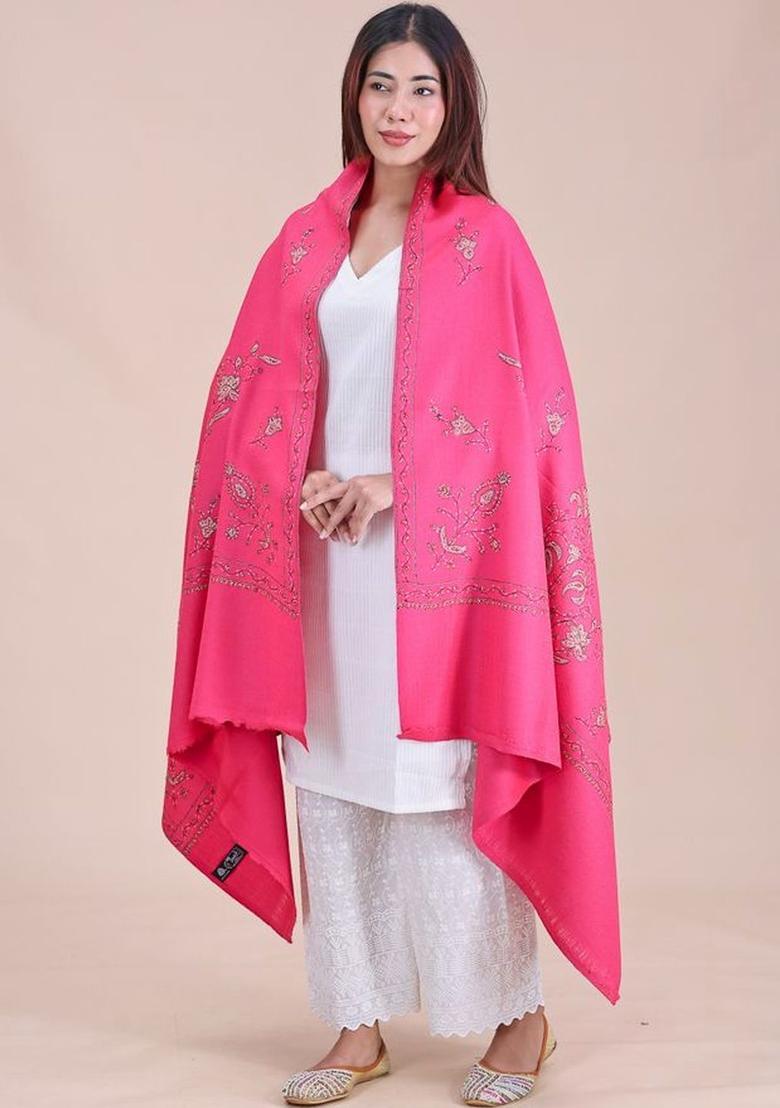 Pink Floral Woolen Shawls - Indya