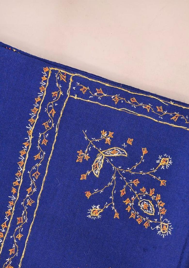 Navy Blue Floral Woolen Shawls - Indya