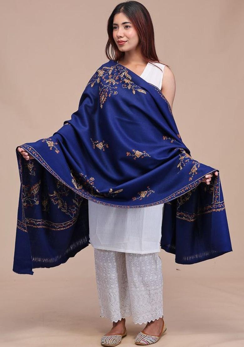 Navy Blue Floral Woolen Shawls - Indya