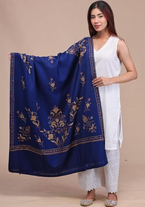 Navy Blue Floral Woolen Shawls