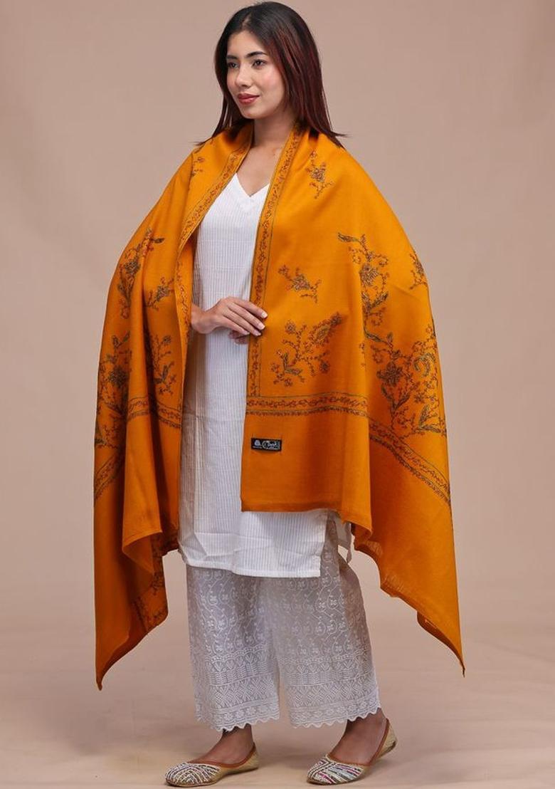 Mustard Floral Woolen Shawls - Indya