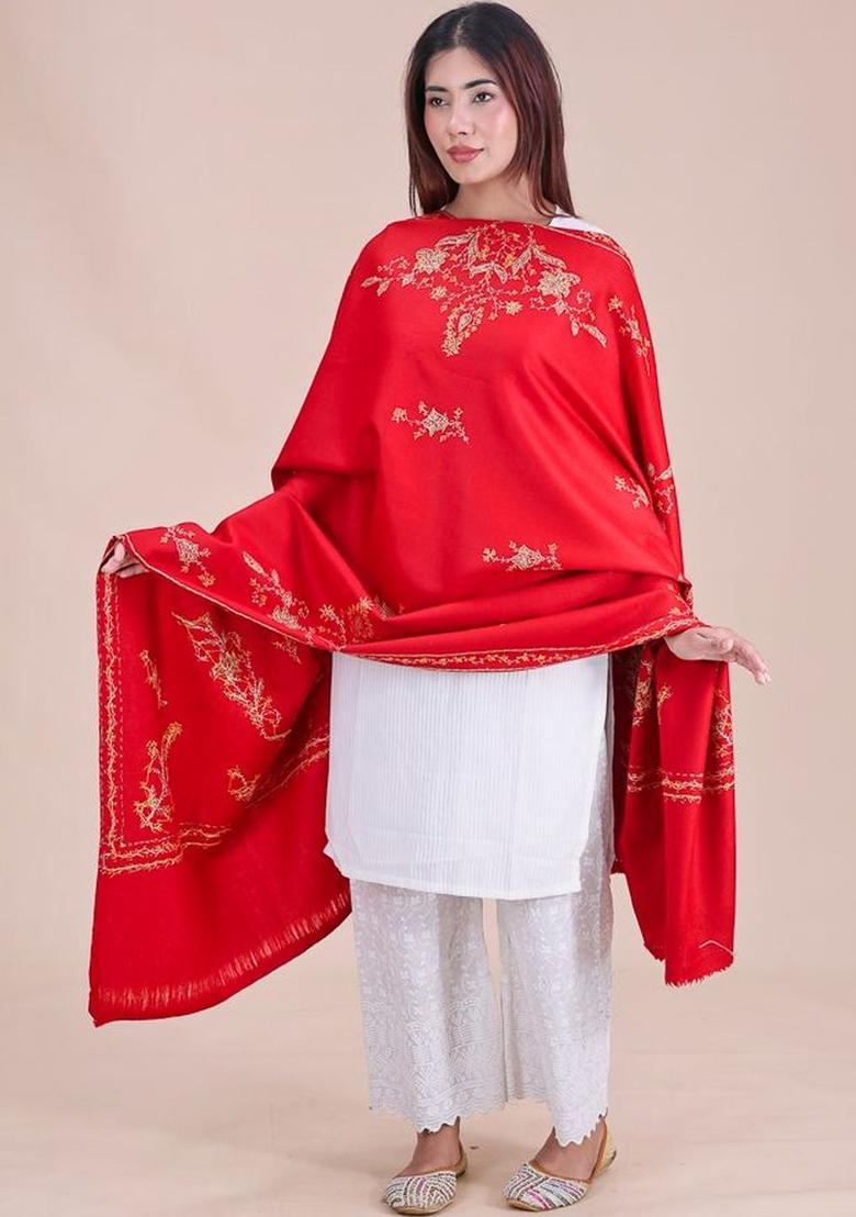 Maroon Floral Woolen Shawls - Indya