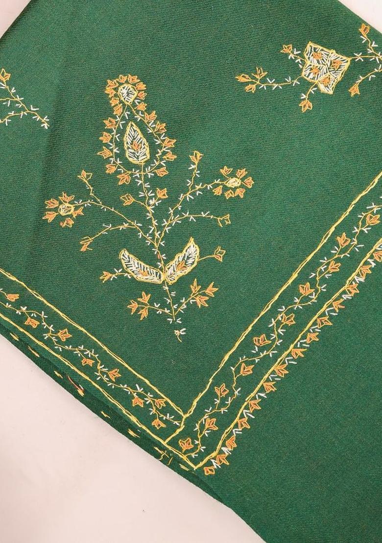 Green Floral Woolen Shawls - Indya