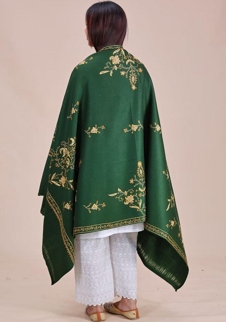 Green Floral Woolen Shawls - Indya