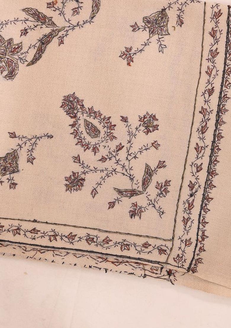 Beige Floral Woolen Shawls - Indya