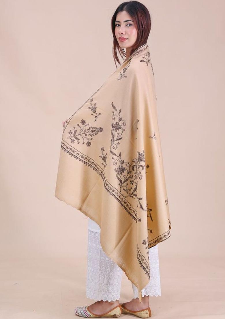 Beige Floral Woolen Shawls - Indya
