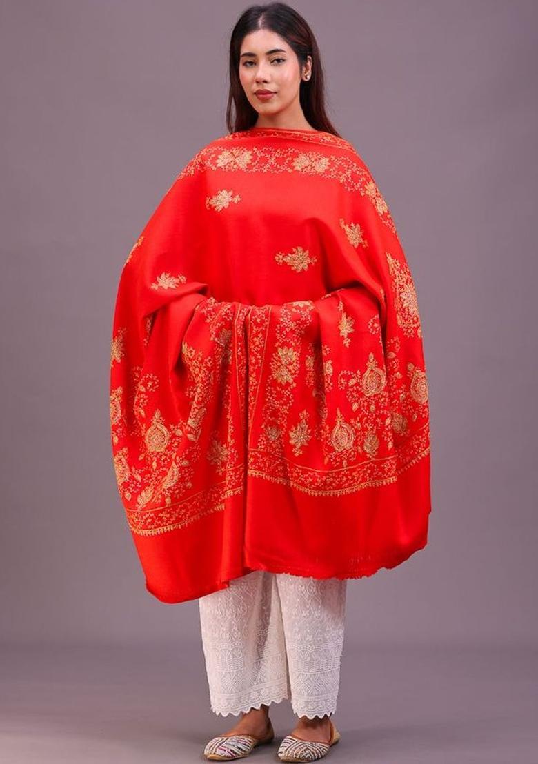 Red Floral Woolen Shawls - Indya