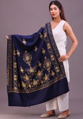 Navy Blue Floral Woolen Shawls