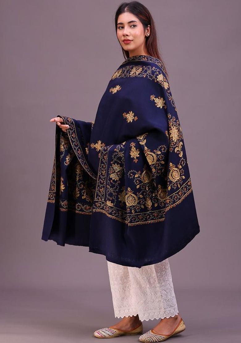 Navy Blue Floral Woolen Shawls - Indya