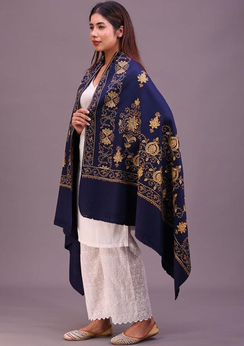 Navy Blue Floral Woolen Shawls - Indya
