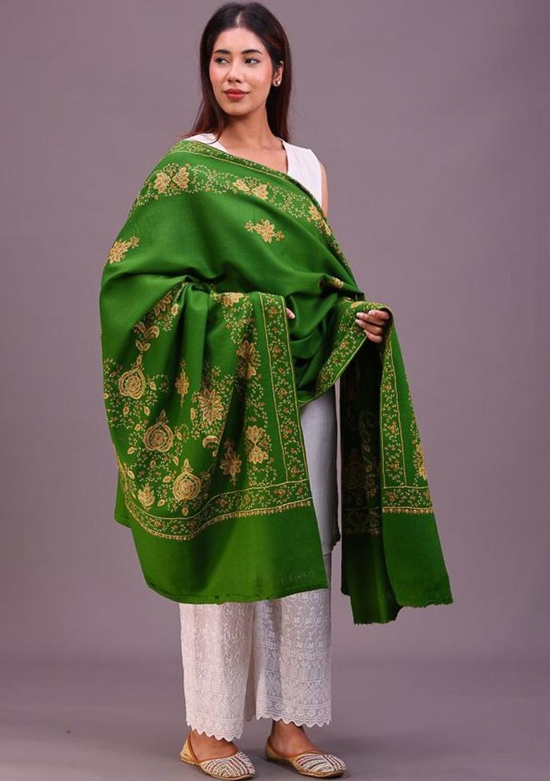 Green Floral Woolen Shawls - Indya