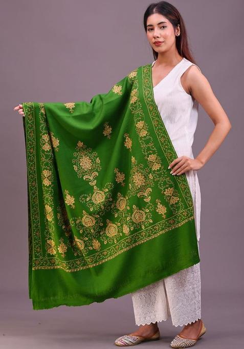 Green Floral Woolen Shawls