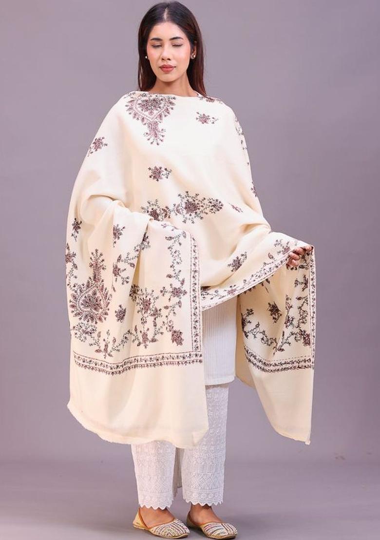 White Floral Woolen Shawls - Indya