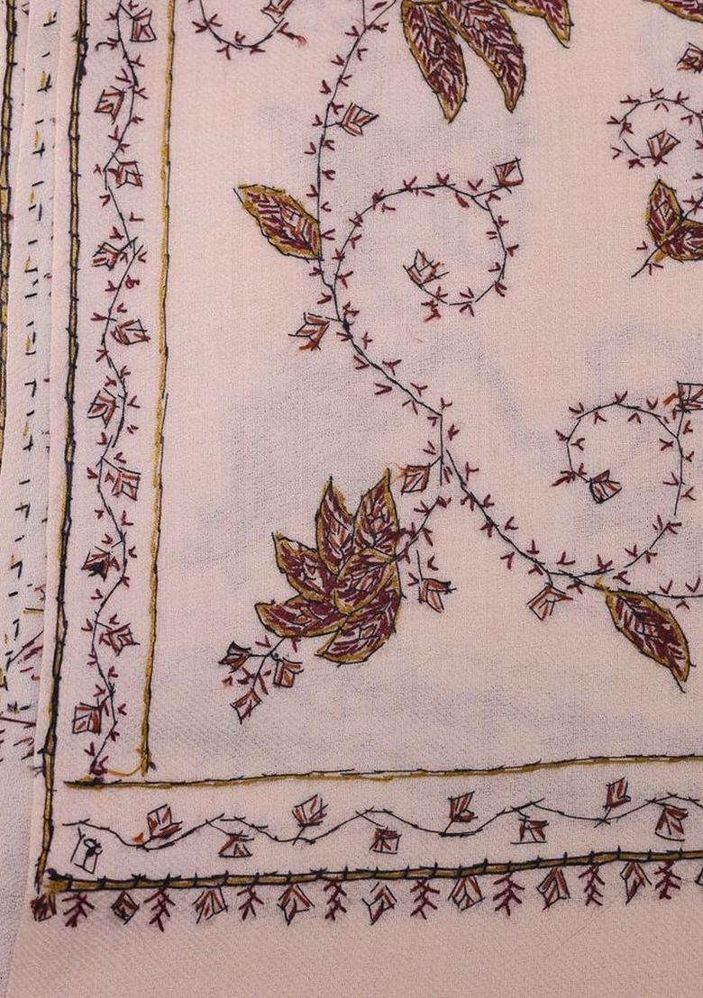 White Floral Woolen Shawls - Indya