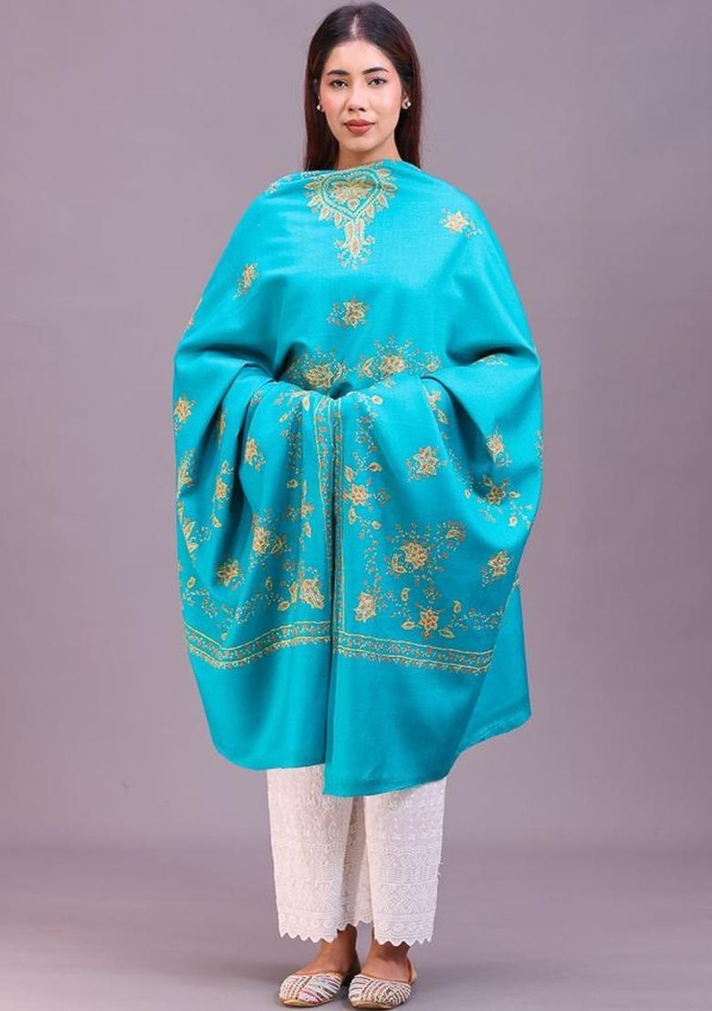 Sea Green Floral Woolen Shawls - Indya