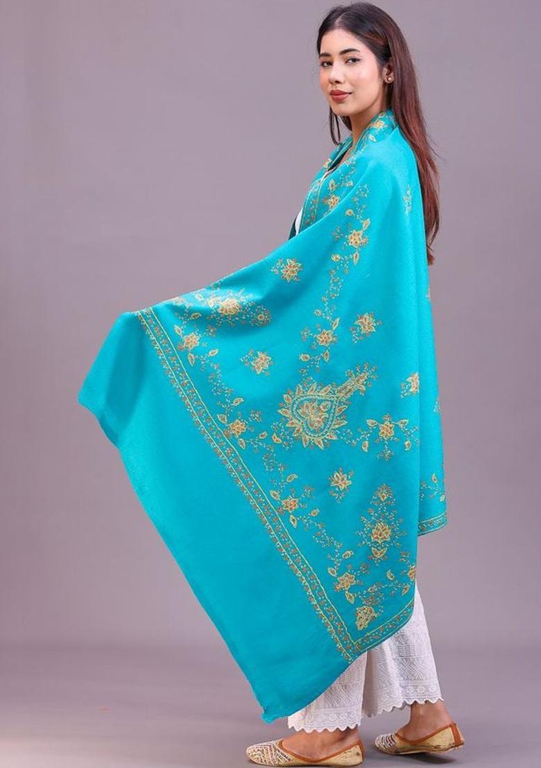 Sea Green Floral Woolen Shawls - Indya