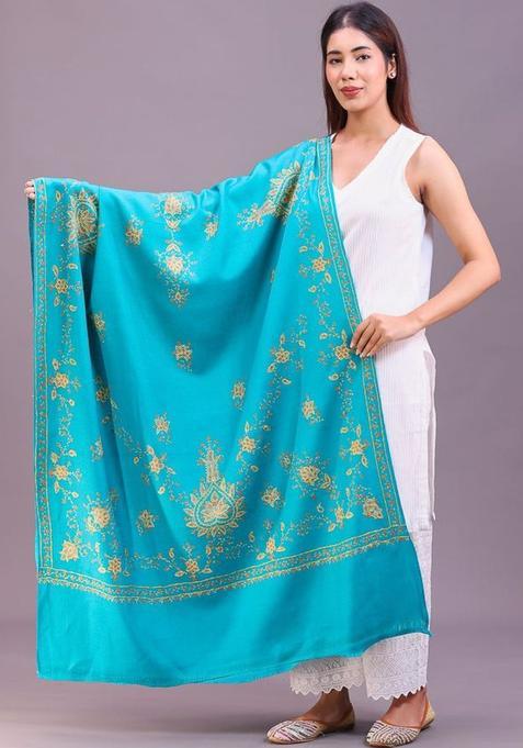 Sea Green Floral Woolen Shawls