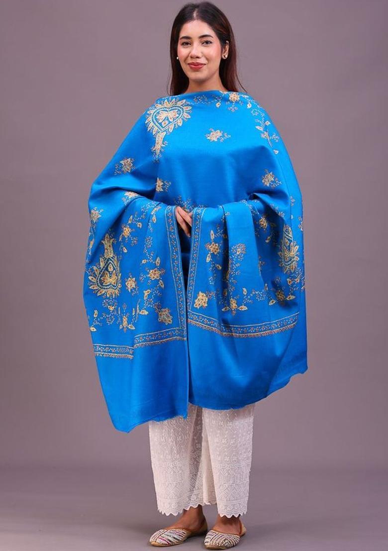 Turquoise Blue Floral Woolen Shawls - Indya