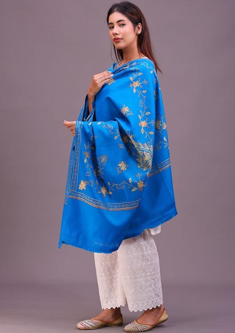 Turquoise Blue Floral Woolen Shawls - Indya