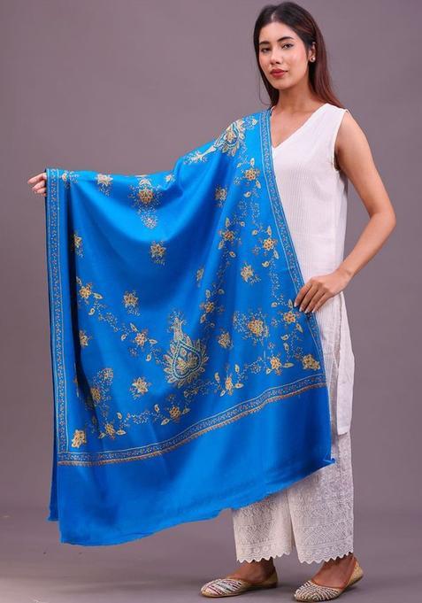 Turquoise Blue Floral Woolen Shawls