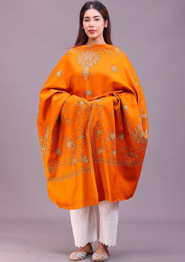 Rust Floral Woolen Shawls - Indya