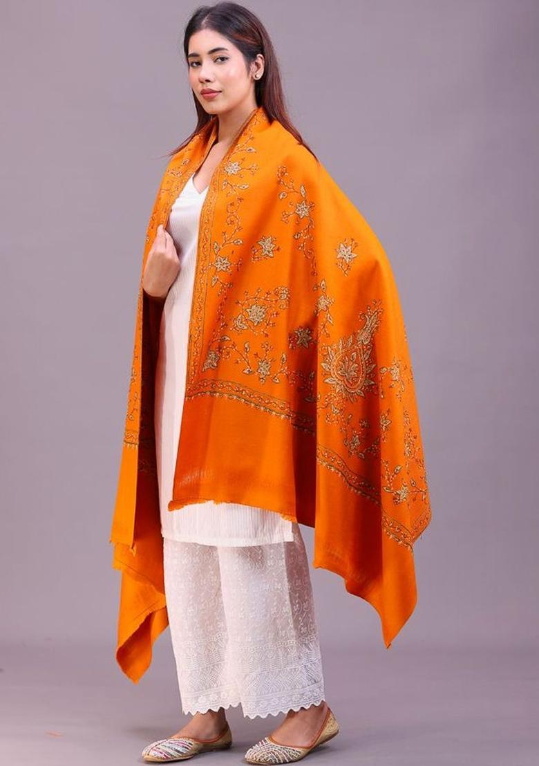 Rust Floral Woolen Shawls - Indya